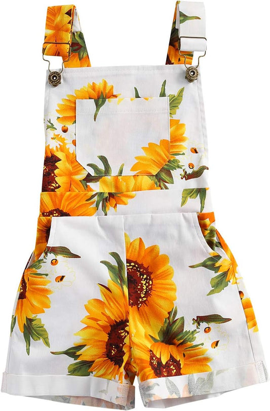 Toddler Baby Girl Sunflower Print Overalls Shorts with Pocket Suspender Trousers Cute Summer Clothing Outfit